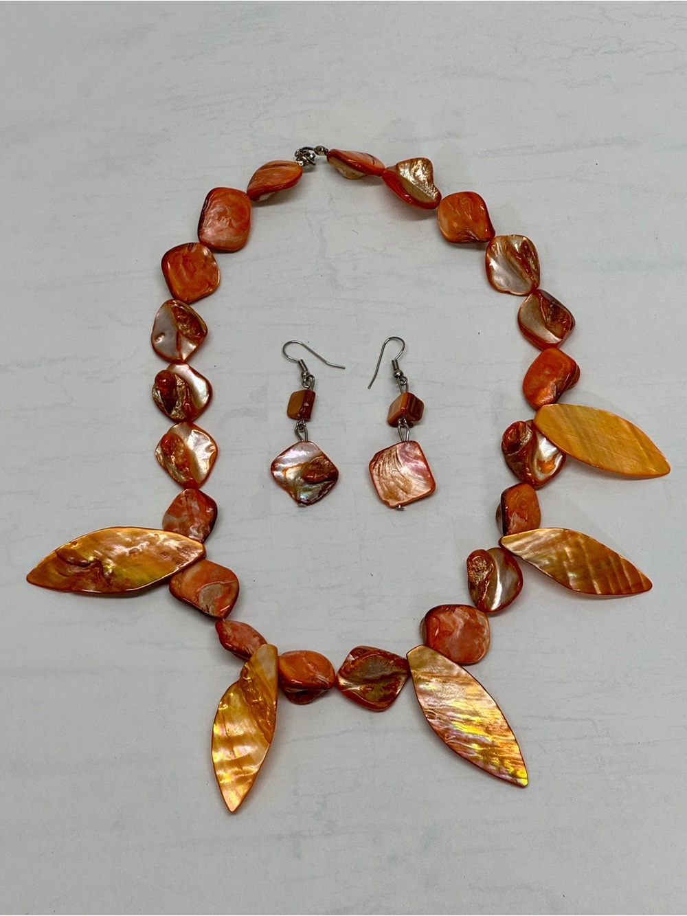 Vibrant Iridescent Orange Shell Statement Necklace and Earring Set